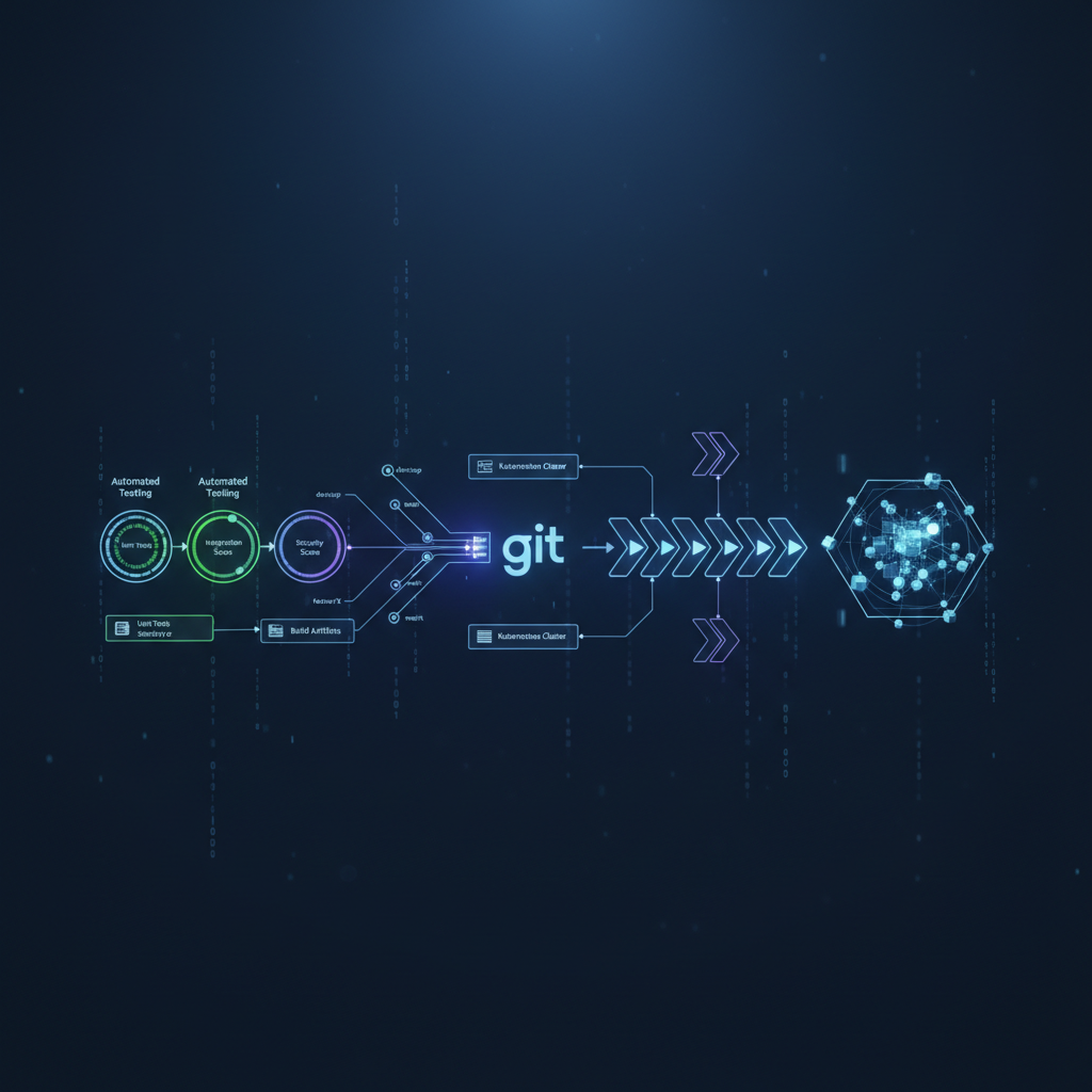 DevOps pipeline automation with CI/CD workflow and code deployment screens
