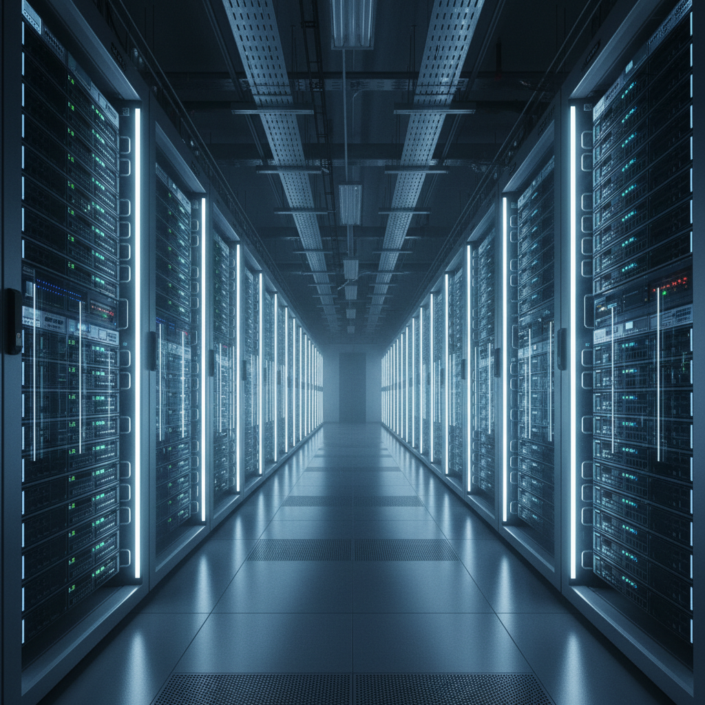 Data center server racks with blue LED lighting — infrastructure backbone