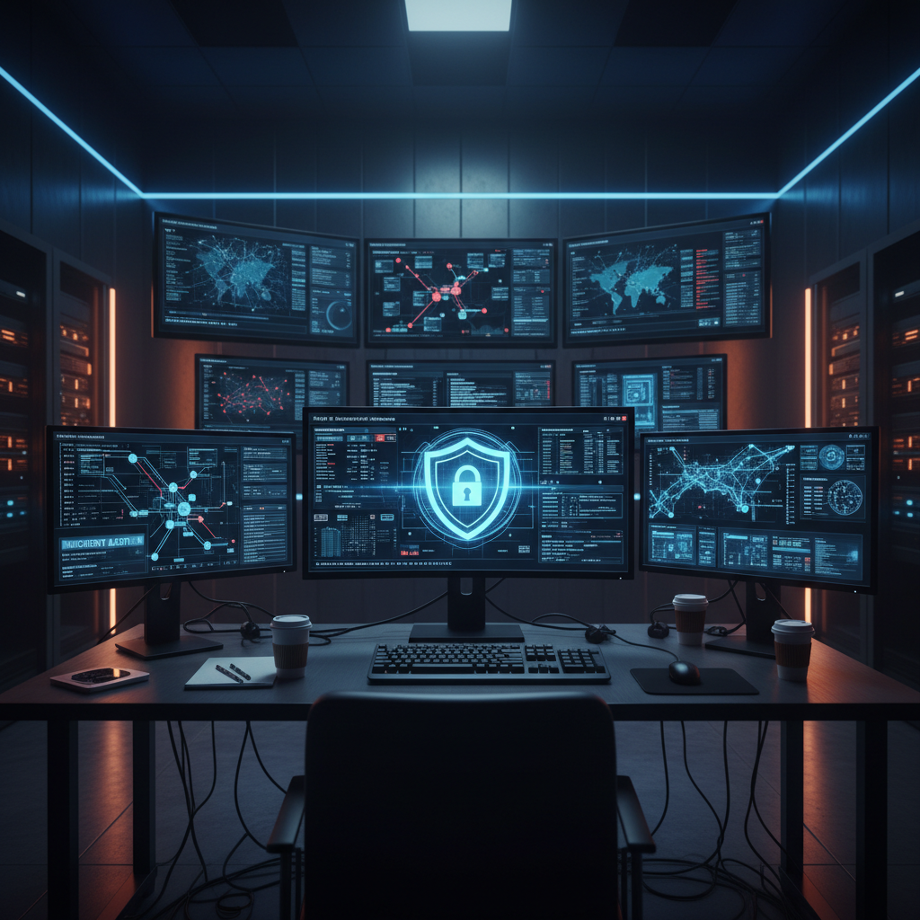 Cybersecurity operations center with threat detection dashboards